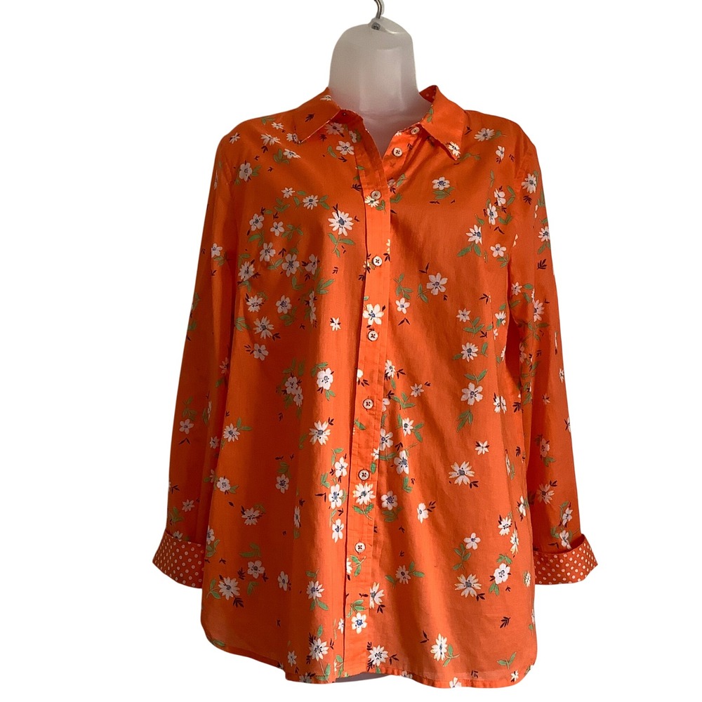 Talbots Womens Orange Floral Cotton Button Down Shirt Large Polka Dot Flip Cuffs